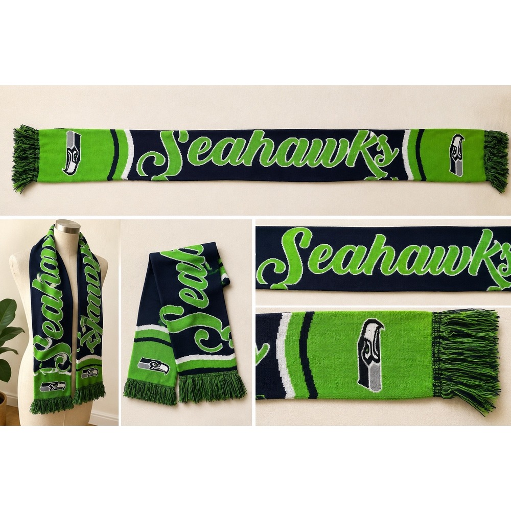 FOCO Seattle Seahawks NFL Knit Scarf‎ Navy Blue Action Green Fringed Fan Scarf